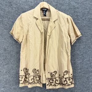Positive Shirt Women 8 Beige Geometric Rhinestone Collared Open Front Linen
